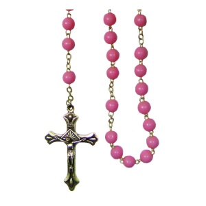 Rosenkrans med rosa glassperler og sølvfarget kjede, 6mm perler