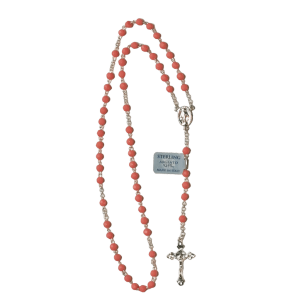 Rosenkrans i rosa korall og sølv 925, 4mm perler