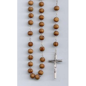 Rosenkrans i tre med sølvfargede lenker, 6mm perler