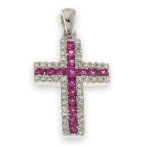 Kors i sølv 925 med zirkon og syntetisk rubin 2,8cm