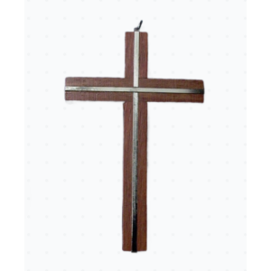 Kors i mørkt tre med metalldetalj 9x6cm
