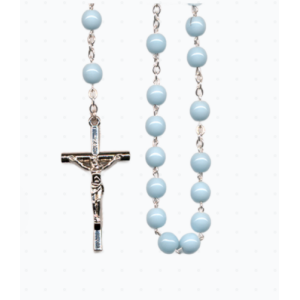 Rosenkrans med blå glassperler og sølvfarget kjede, 6mm perler