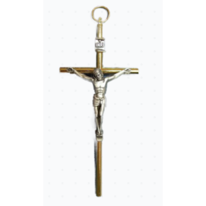 Krusifiks i gullfarget metall 10x4,5cm med sølvfarget corpus