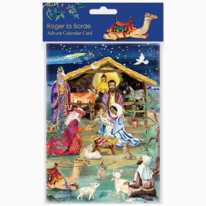 Adventskalender. Postkort, julekrybbe
